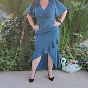 Elegant Ruffle Mermaid Formal Dress Short Sleeve V-Neck Cocktail Dress for Women